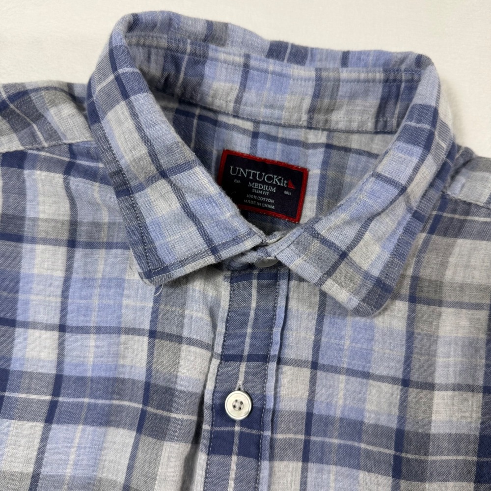 UNTUCKit Benjamin Shirt Mens Medium Blue Plaid Slim Fit Cotton Short Sleeve EUC